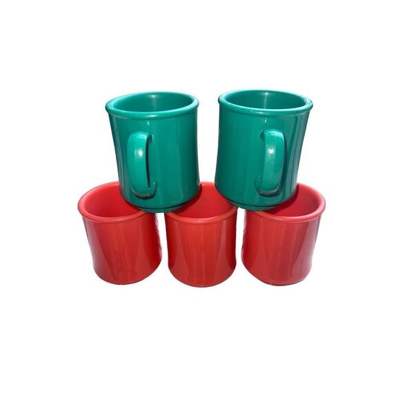 G.E.T Set of 5 Vintage Plastic Coffee Mugs in Coral & Green - Picture 1 of 11